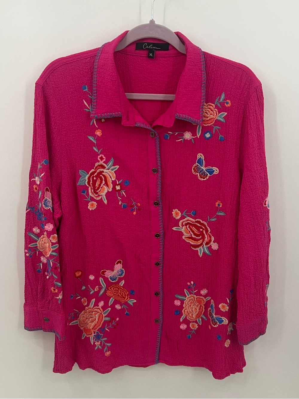 Calessa Women's Pink Embroidered Button-Down Tunic Shirt